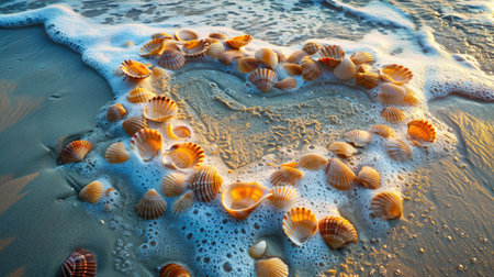 Heart shape made with seashells on sandの素材