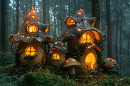 Enchanted mushroom house with warm lightsの素材