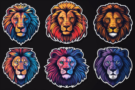 Lion stickers isolated on black backgroundの素材