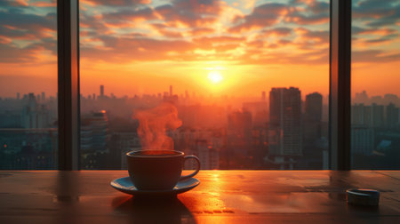 Steaming coffee cup against sunrise. Freshly brewed coffee is placed on a table in a cafe on a high floor.の素材