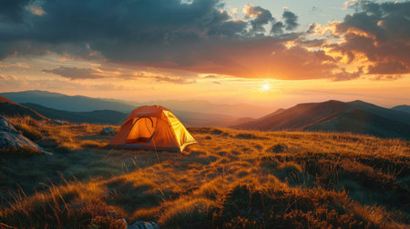 Sunset view with tent on mountain ridgeの素材