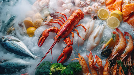 Assorted seafood on ice with steamの素材