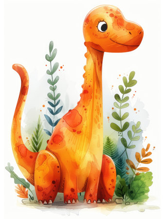 Cute orange cartoon dinosaur character standingの素材