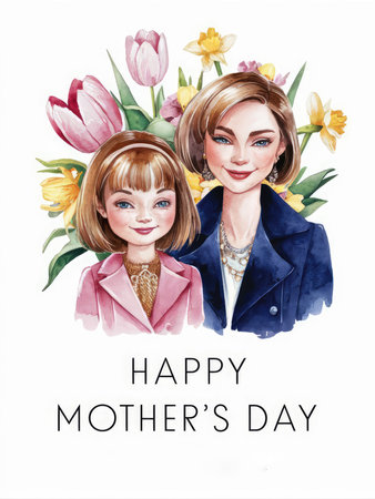 Illustration of a smiling mother and daughter surrounded by colorful flowers with a Happy Mothers Day messageの素材