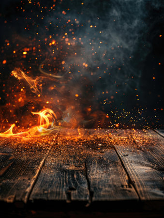 Wooden table with fire burning at the edge of the table on a dark background to display productsの素材