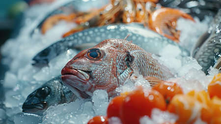 Fresh fish on ice at a seafood market stallの素材