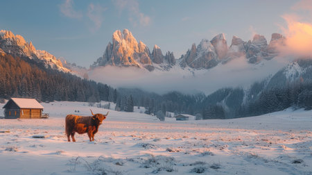 Highland cow in frosty morning dolomite mountain landscapeの素材