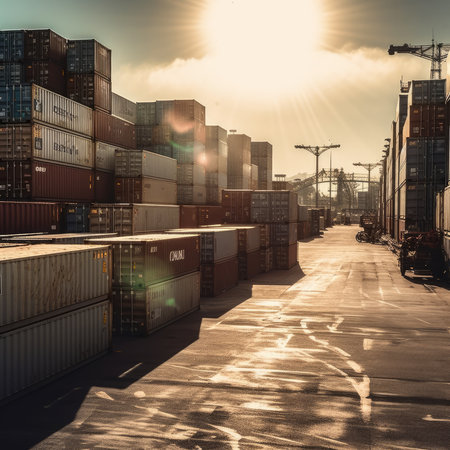 Sunset at busy cargo container terminalの素材