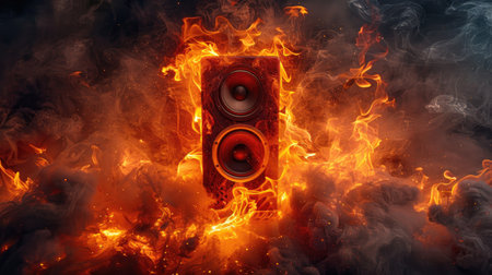 Fiery image of speakers engulfed in flames, depicting energy, power, and intense sound experienceの素材