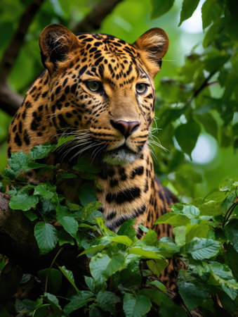 Male leopard or panther among the leaves in the jungle, Panthera onca.の素材