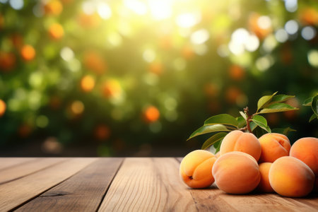 Wooden table top with apricots on blur background with apricot orchardの素材