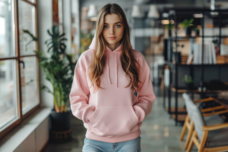 Young woman wearing blank basic pink plain hoodie standing in modern office. Mock up template for hoodie designの素材