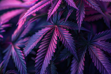 Cannabis leaves. Cannabis marijuana foliage with a purple pink tint on a black background.の素材