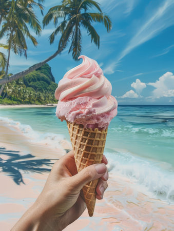 Hand hold ice cream cone at tropical beach.の素材