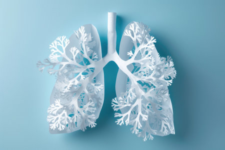 Paper model of human lungs on light blue background. Respiratory health, health diagnosis concept. World no tobacco day.の素材