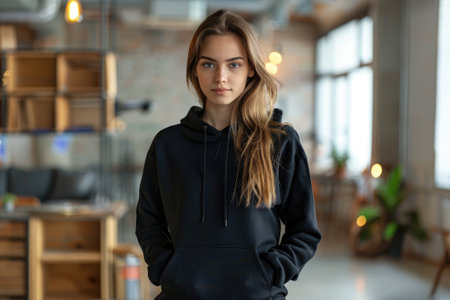 Young woman wearing blank basic black plain hoodie standing in modern office. Mock up template for hoodie designの素材