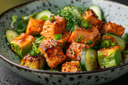 Hawaiian dish with salmon, avocado and cucumberの素材