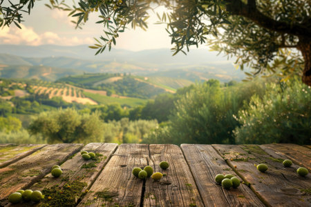 Empty old wooden table for product display with natural green olive field and green olivesの素材