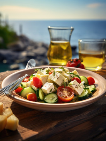 Greek salad with feta cheese and olive oil on plate. Greek healthy foodの素材