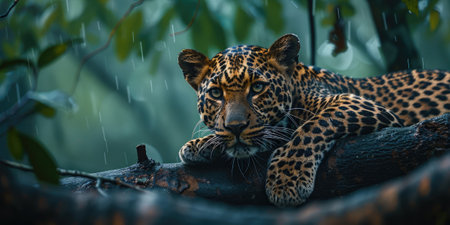 Leopard is resting on a tree trunkの素材
