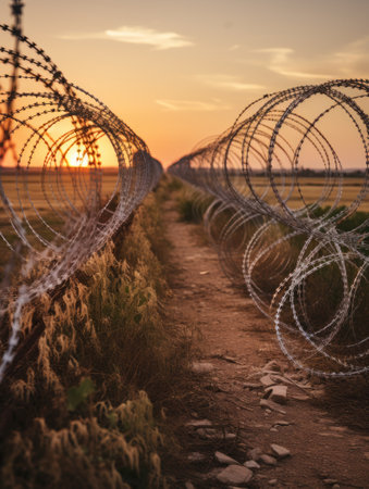 Barbed and razor wire fence. Fencing the state border against immigrationの素材