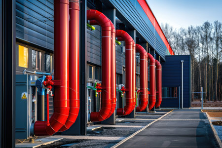 Modern industrial building with pipes, heat exchangers and valves.の素材