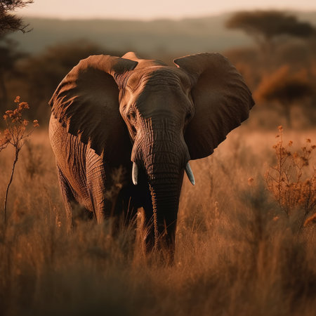 African elephant and the setting sun with the iconic savannas in the backgroundの素材