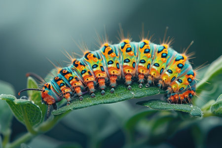 Closeup shot of a caterpillar crawling on the green plantの素材