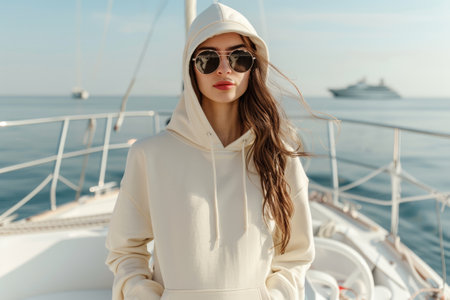 A woman in a white hoodie stands on a yachtの素材