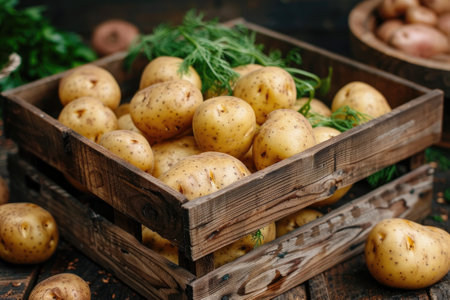 Fresh potatoes in a wooden box.の素材