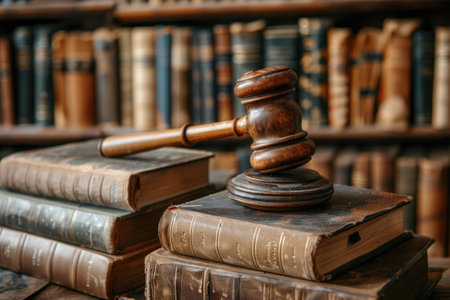 Judge gavel near law textbooks in court archive study room for copyright and international legal rights.の素材