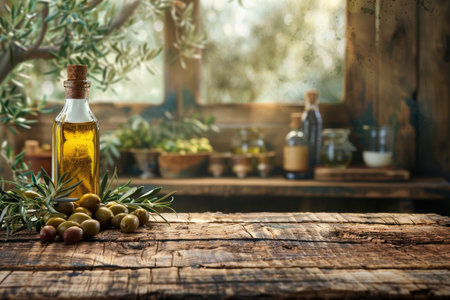 Empty wooden table with olives and a bottle of olive oil. Natural podium, background suitable for product presentationの素材
