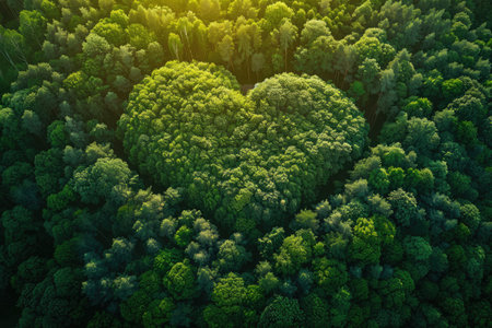 Drone view to forest in shape of heart. Ecology, nature protection, biodiversity and climate changeの素材