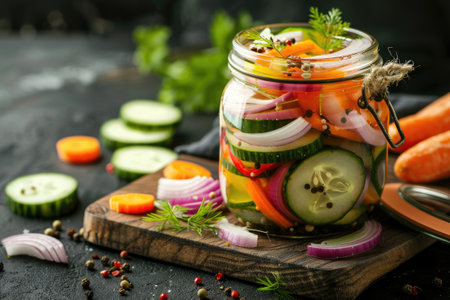 A raw diet with fresh cucumber, peppers, onions and carrots in a jar. Vegan food concept, fermented vegetablesの素材