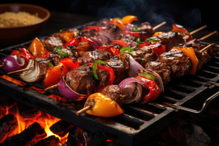 Skewers of meat on the grill with onions and peppers. Generative AI.の素材