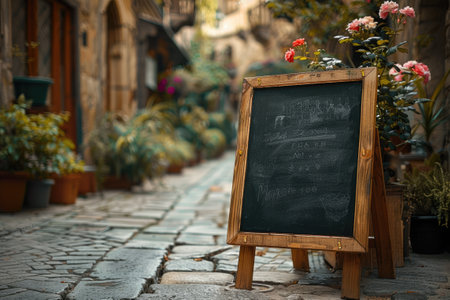 Mockup. Chalkboard menu on a historic streetの素材