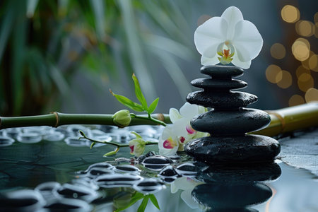 Spa stones, bamboo branches and white orchidの素材