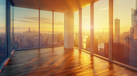 An empty room in a skyscraper and a view of the city in the morning. Beautiful, expensive property with a view.の素材