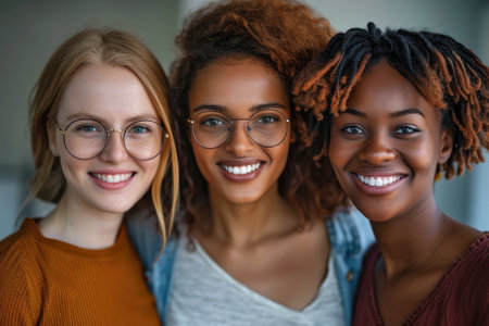 Three joyful women with different ethnic backgrounds showing diversity and friendship. They are smiling and looking at the cameraの素材