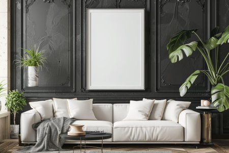 Blank picture frame mockup on wall in modern interior. Artwork template mock up in interior design with trendy vase.の素材