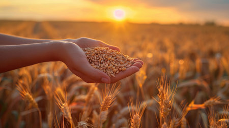 Hand holding a handful of golden wheat grains with a warm sunset over a wheat field backgroundの素材
