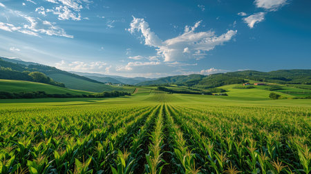 Corn plantation, endless rows of tall, green corn stalks with golden tassels under a bright blue skyの素材