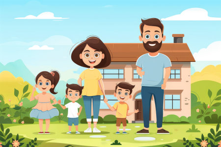 Illustration of a cartoon family with three children and parents in front of the houseの素材