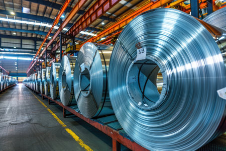 Rolls of galvanized steel sheet inside the factory or warehouse. Industrial productionの素材