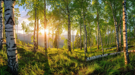 Summer birch forest, beautiful landscape. Birch tree forestの素材