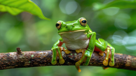 Close-up of a vivid green tree frog with bulging eyes perched on a branch in its natural habitatの素材