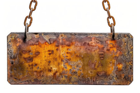 Old rusty tin sign hanging on a chainの素材