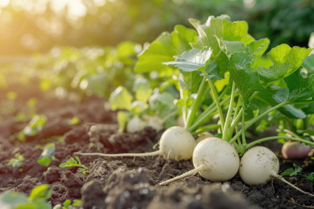 Freshly harvested white round radish in the garden background.の素材