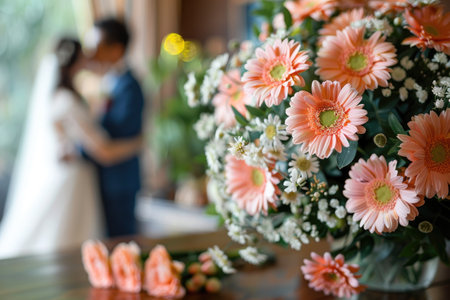 Focus on a beautiful wedding bouquet with a newlywed couple sharing a kiss in the backgroundの素材