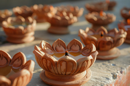 Happy Diwali. Clay Diya lamps during Diwali celebration, Hindu festival of lights celebration.の素材